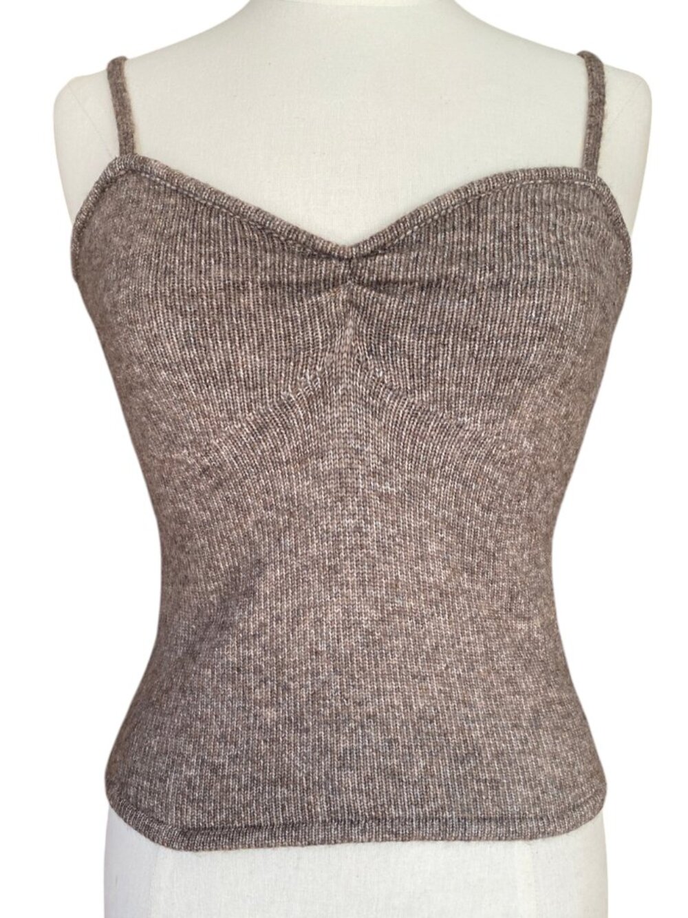 Wool Blend Brown Sweetheart Neckline Knit Tank Top Camisole Capsule Minimalist-S